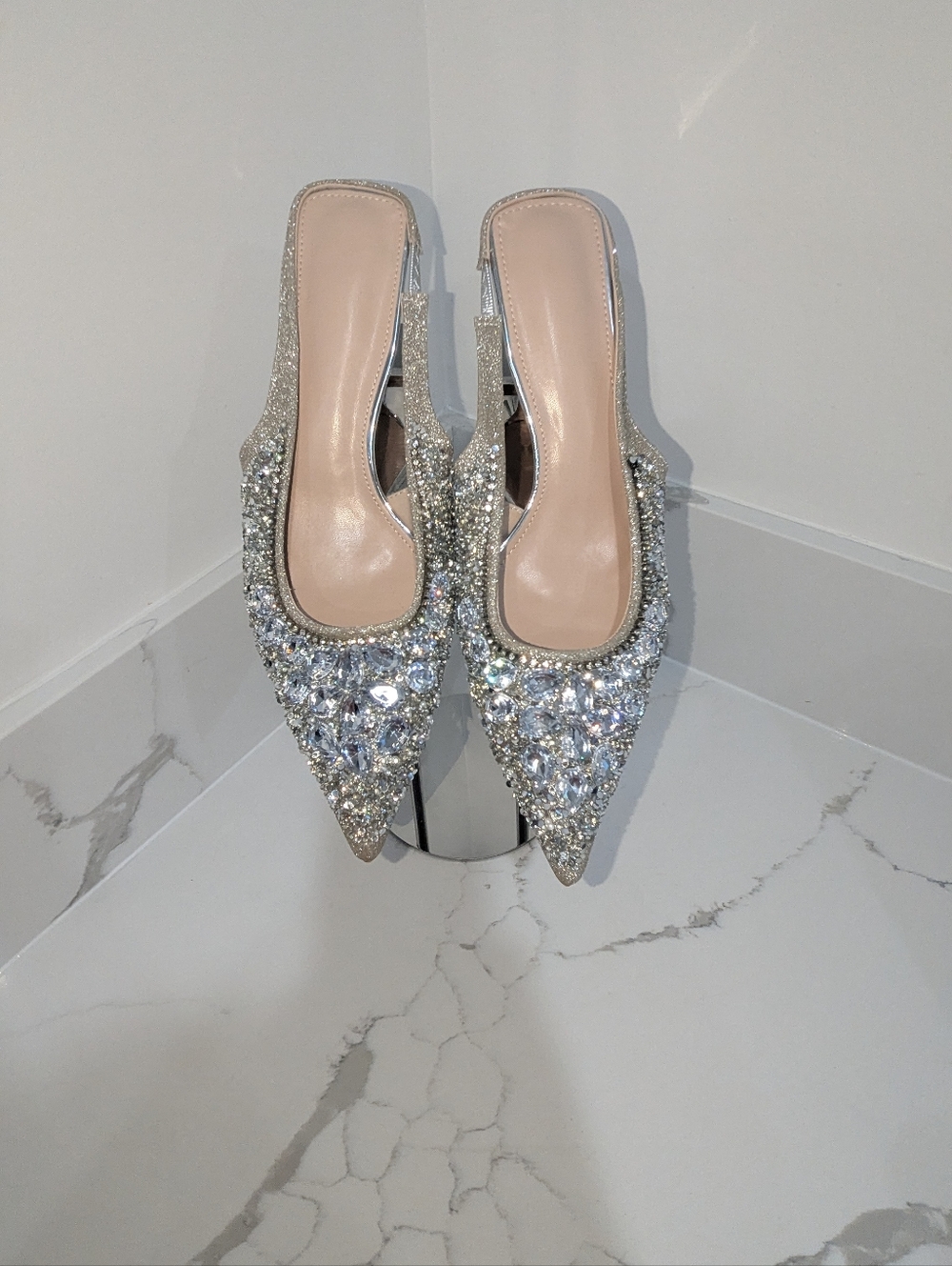 Dazzling Crystal-Embellished Silver Pointed Slingback Heels